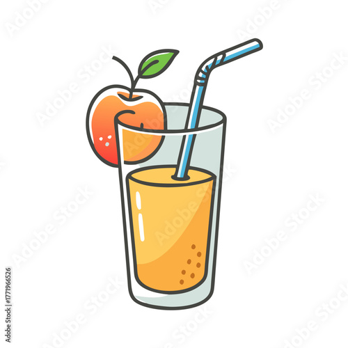 Fresh orange juice in tall glass with straw and orange slice vector illustration