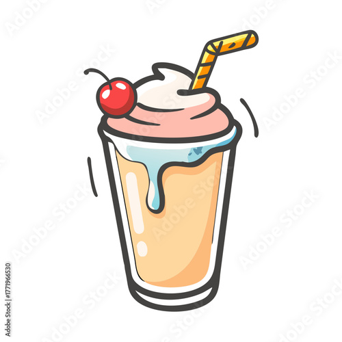 Delicious strawberry milkshake with cherry and straw vector illustration
