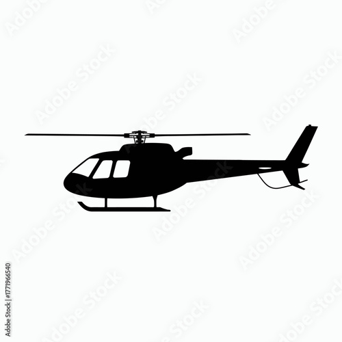 Silhouette of a modern helicopter in flight against a white background