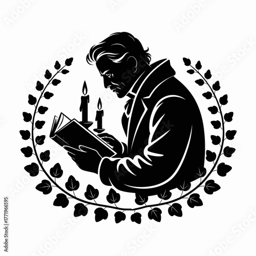 Silhouette of a man reading a book by candlelight within a decorative wreath