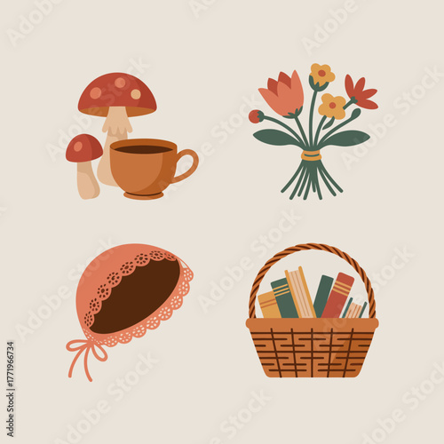Cozy autumn collection of illustrations with mushrooms flowers bonnet and books