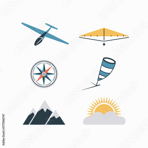 Collection of aviation and adventure sport icons with mountains and sun