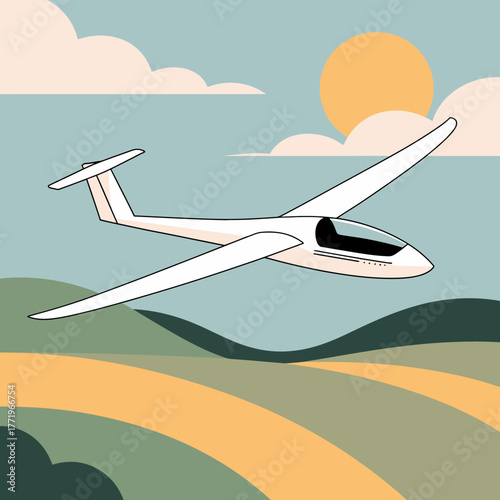 White glider airplane soaring through the sky above rolling hills