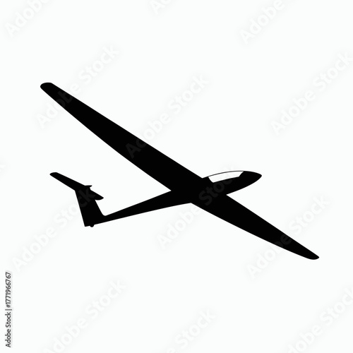 Silhouette of a glider airplane in flight against a white background