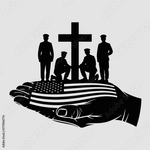 Veterans memorial with american flag and christian cross silhouette