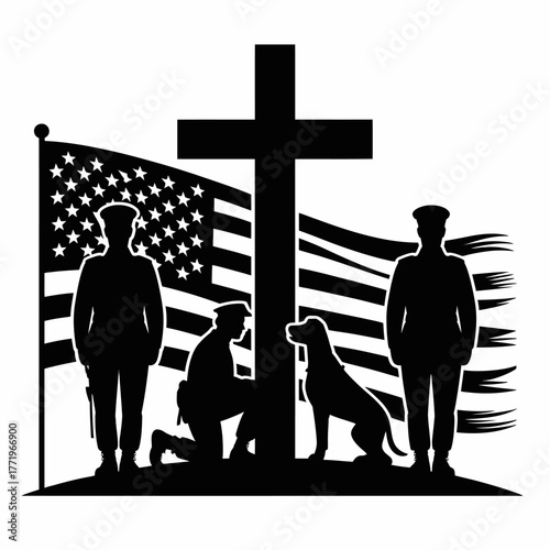 American soldiers memorial cross and flag tribute