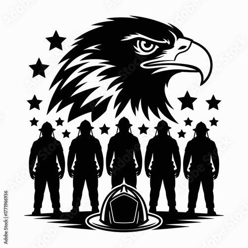 Patriotic firefighters and eagle silhouette with stars