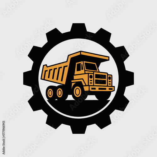 Heavy duty mining dump truck inside a gear symbol
