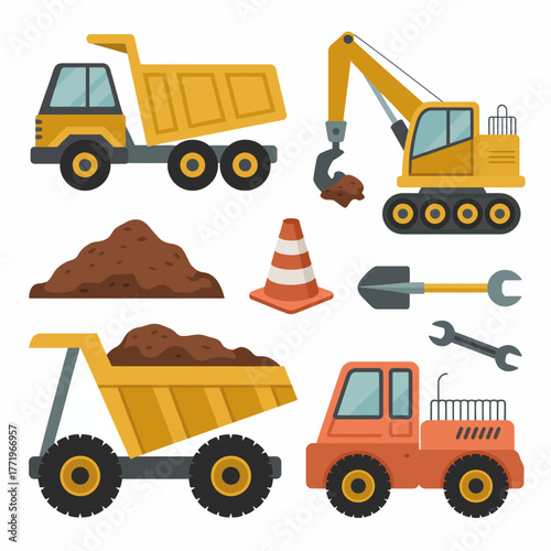 Collection of colorful cartoon construction vehicles and equipment