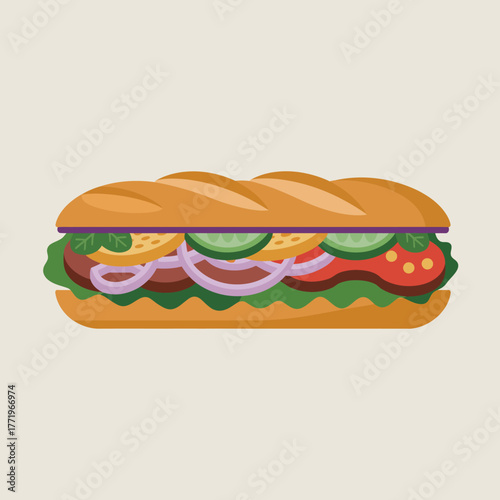 Delicious long sandwich with fresh ingredients on a light background