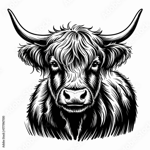 Detailed black and white sketch of a highland cow head with long horns