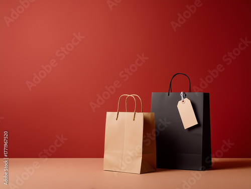 Brown and black paper shopping bags with tag on red background