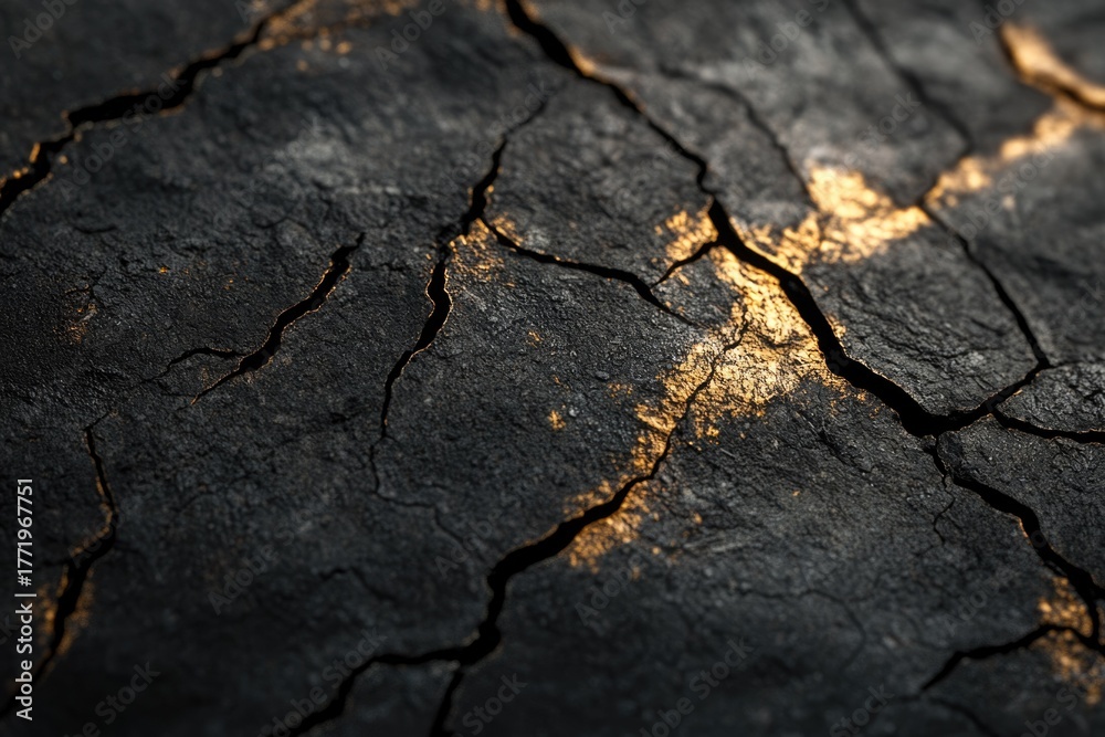 Fototapeta premium A close-up of dark, cracked texture with shimmering golden lines filling the fissures, creating a kintsugi-like aesthetic or a rich mineral vein pattern.
