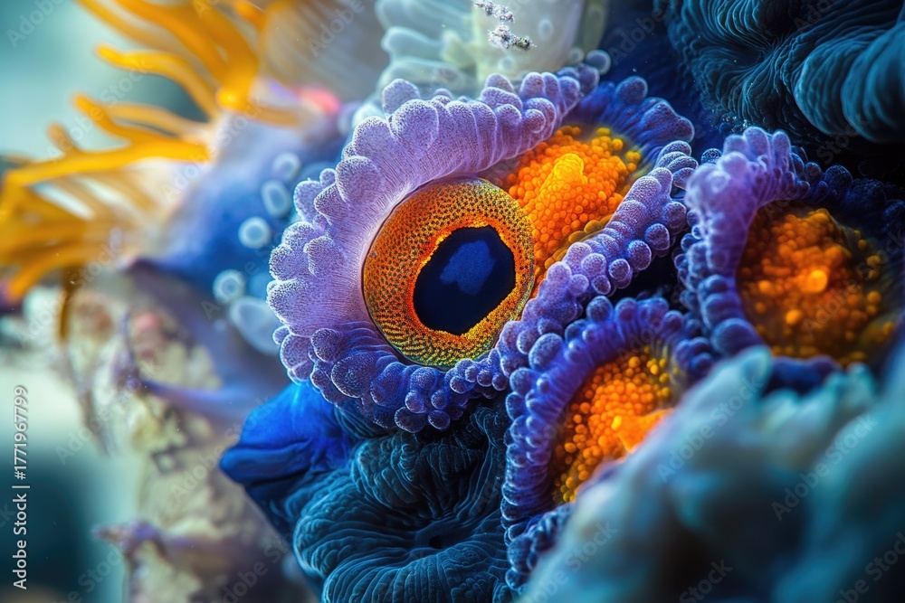 Obraz premium Close-up of vibrant coral or sea anemones. Intricate purple frills surround striking orange and blue eye-like structures, revealing abstract, alien underwater beauty.