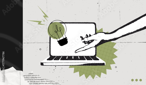 Trendy Halftone Stipple effect Laptop and Hand holds lightbulb. Online education and study. Business solutions. Marketing time. Creative mind or brainstorm. Retro vintage vector illustration art