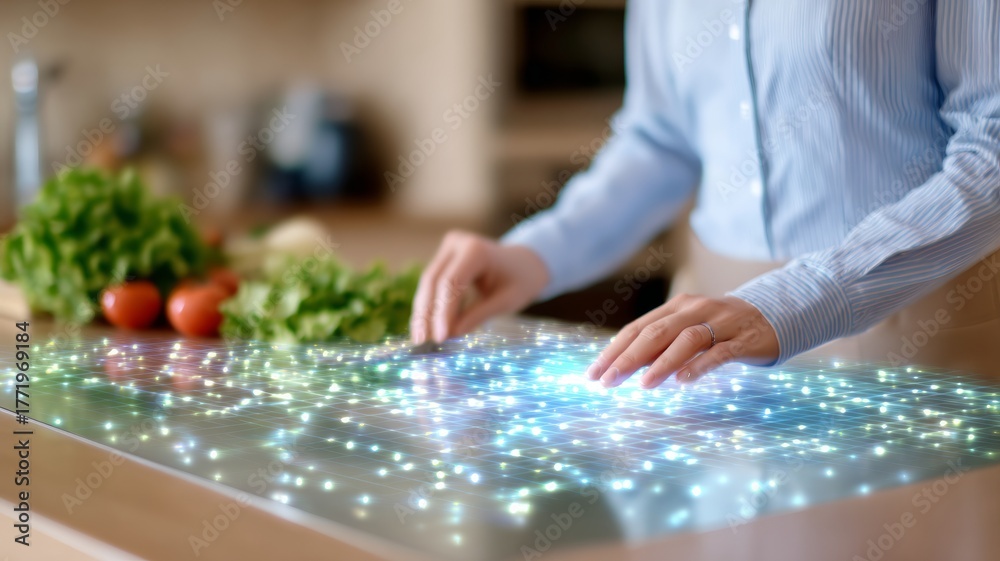 Fototapeta premium Woman interacting with holographic kitchen counter showing glowing lights and vegetables, concept of futuristic smart home cooking