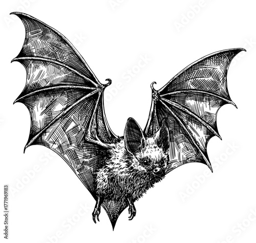 bat in flight isolated hand drawn sketch flying with fully extended wings black white line art detailed vector illustration