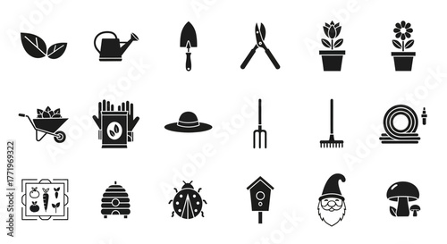 Gardening and horticulture glyph icon set. A collection of simple vector symbols for farming, tools, and nature