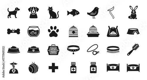 Comprehensive collection of solid glyph icons for pet care, veterinary services, and animal supplies