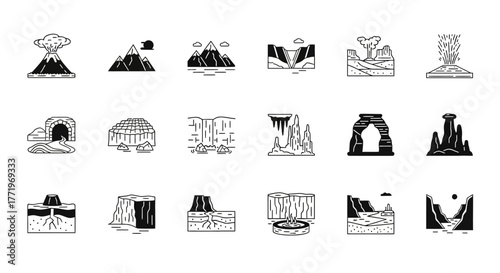 A diverse set of glyph icons depicting natural geological formations and terrain features, including volcanoes, canyons, mountains, and caves for infographics