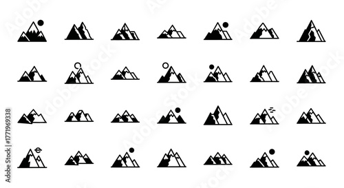 Minimalist mountain icon set featuring various peaks and ranges. A simple black glyph collection for outdoor adventure and travel logos