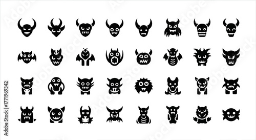 Collection of unique vector monster and devil head icons. A set of thirty-six stylized evil character glyphs for creative design projects