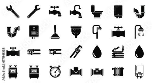 A comprehensive set of monochrome plumbing service icons, including tools, pipes, and bathroom fixtures for water systems