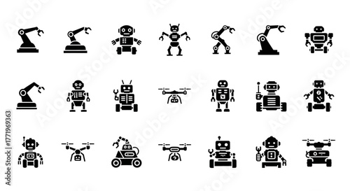Glyph icon pack of various robots, including androids, drones, and automated robotic arms for future technology concepts