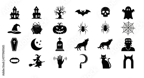 A comprehensive set of black glyph icons for Halloween celebrations featuring traditional spooky and scary elements on a white background