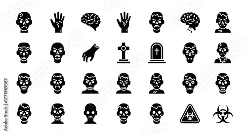 A comprehensive set of zombie apocalypse glyph icons, featuring skulls, brains, undead hands, and biohazard symbols for horror projects