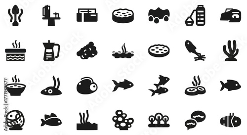A versatile collection of simple glyph icons representing food, marine life, and beverages for creative design projects