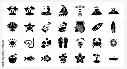 A collection of simple black glyph icons representing summer vacation, tropical beach life, and ocean travel adventures