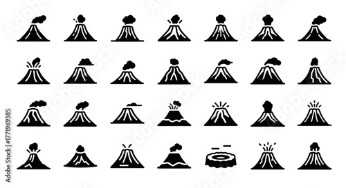 A diverse set of black silhouette volcano icons showing various states of eruption. A collection of geological vector symbols for graphic design