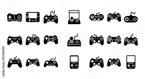 A collection of black silhouette icons representing various video game controllers, joysticks, and handheld consoles for gaming entertainment