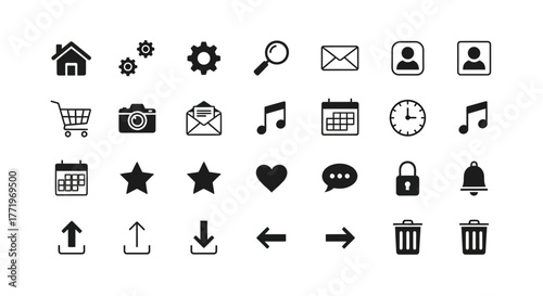 A versatile collection of essential solid glyph icons for modern UI and UX design, perfect for website navigation and mobile applications