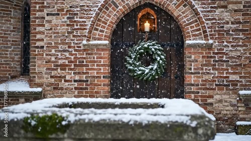 Snowy Christmas Eve church entrance with evergreen wreath and lit candle on dark wooden door brick wall texture falling snowflakes serene winter holiday atmosphere Podium