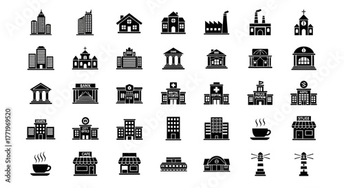 A comprehensive collection of black glyph icons representing various city buildings, real estate properties, and public service architecture