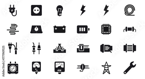 A comprehensive glyph icon set representing electricity, electronics, and power supply components for technology projects