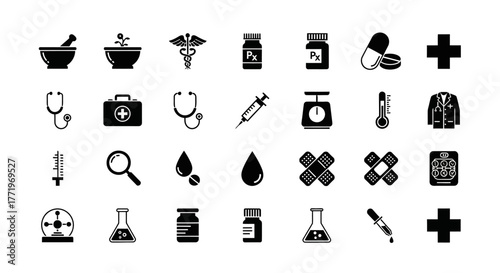 A set of solid glyph icons for medicine, healthcare, and pharmacy. This collection features hospital equipment and science laboratory vector symbols