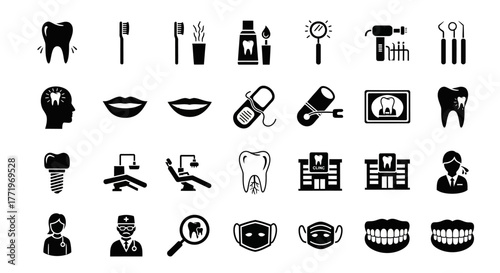 Comprehensive collection of dentistry and oral hygiene glyph icons. A set of simple black vector symbols for dental clinics and health care concepts