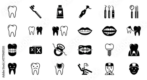 A set of simple glyph icons for dentistry, dental clinic services, orthodontics, and oral health concepts