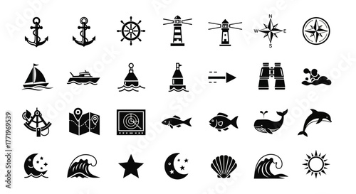 A collection of nautical and marine symbols. A glyph icon set for sea travel and sailing adventures