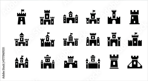 Collection of black glyph icons depicting various medieval castles, fortresses, and towers. Vector silhouette set for web and graphic design