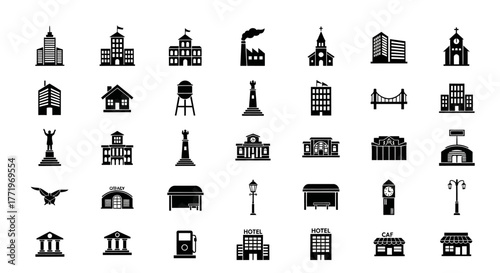 Kufu collection of black glyph icons depicting various city buildings, urban architecture, and town infrastructure elements on a white background