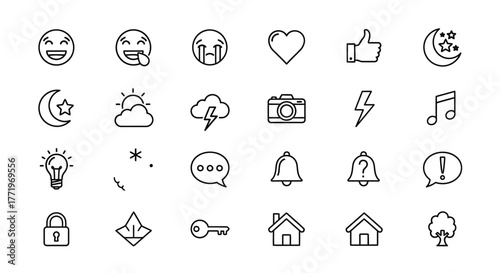 A versatile collection of thin line icons for user interface design, featuring universal symbols for web, mobile apps, and creative projects
