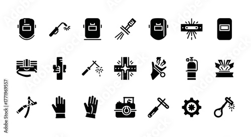 Industrial welding and metalwork icon collection. Vector symbols of welder tools, equipment, and safety gear for the fabrication industry
