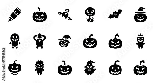 Spooky and cute Halloween character icon set with jack-o'-lanterns, monsters, and witches for graphic design projects