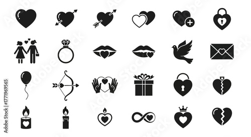 A versatile collection of solid black glyphs representing love, romance, and relationships. Icons for Valentine's Day, weddings, and heartfelt communication