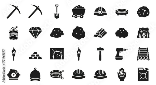 Set of solid black glyph icons for the mining industry, featuring tools for extraction, resources like gold and diamonds, and heavy equipment symbols