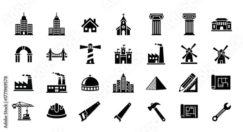 Glyph icon set of urban architecture and construction symbols including buildings, landmarks, and industrial tools for design projects